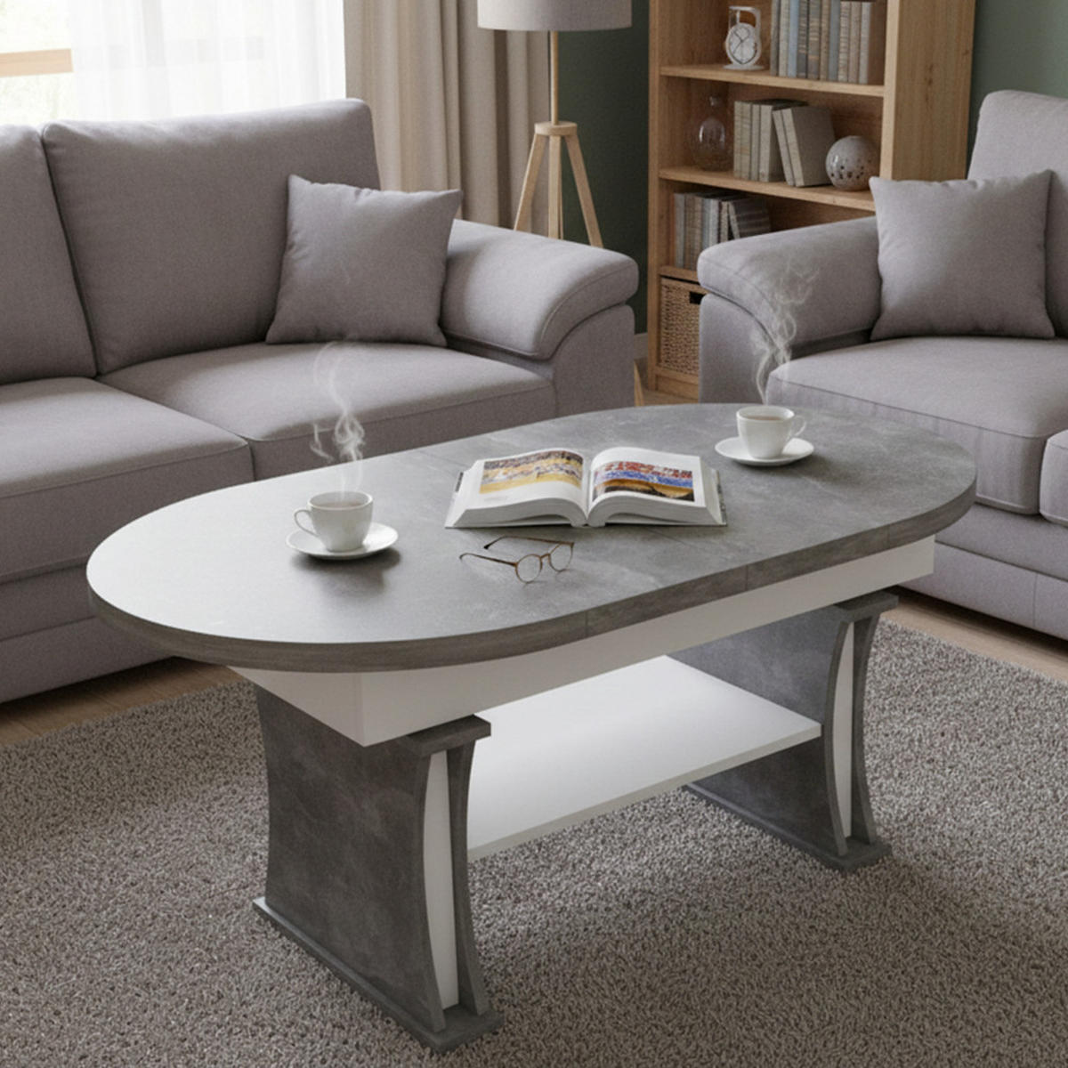 COUCHTISCH oval ausziehbar höhenverstellbar Ablage 130/80/60 cm - Hellgrau/Weiß, Holzwerkstoff (80/130/60cm) - designimpex