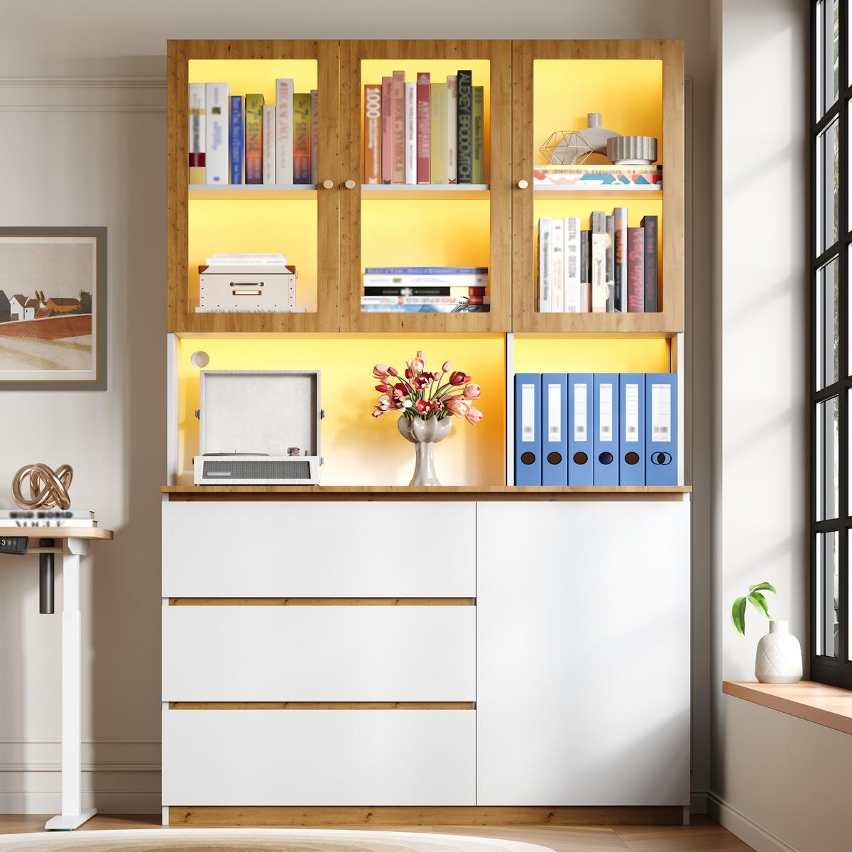 VITRINE 120cm Weiß Eiche LED Hochschrank modern - Multicolor, Holzwerkstoff (120/200/40cm) - FLIEKS