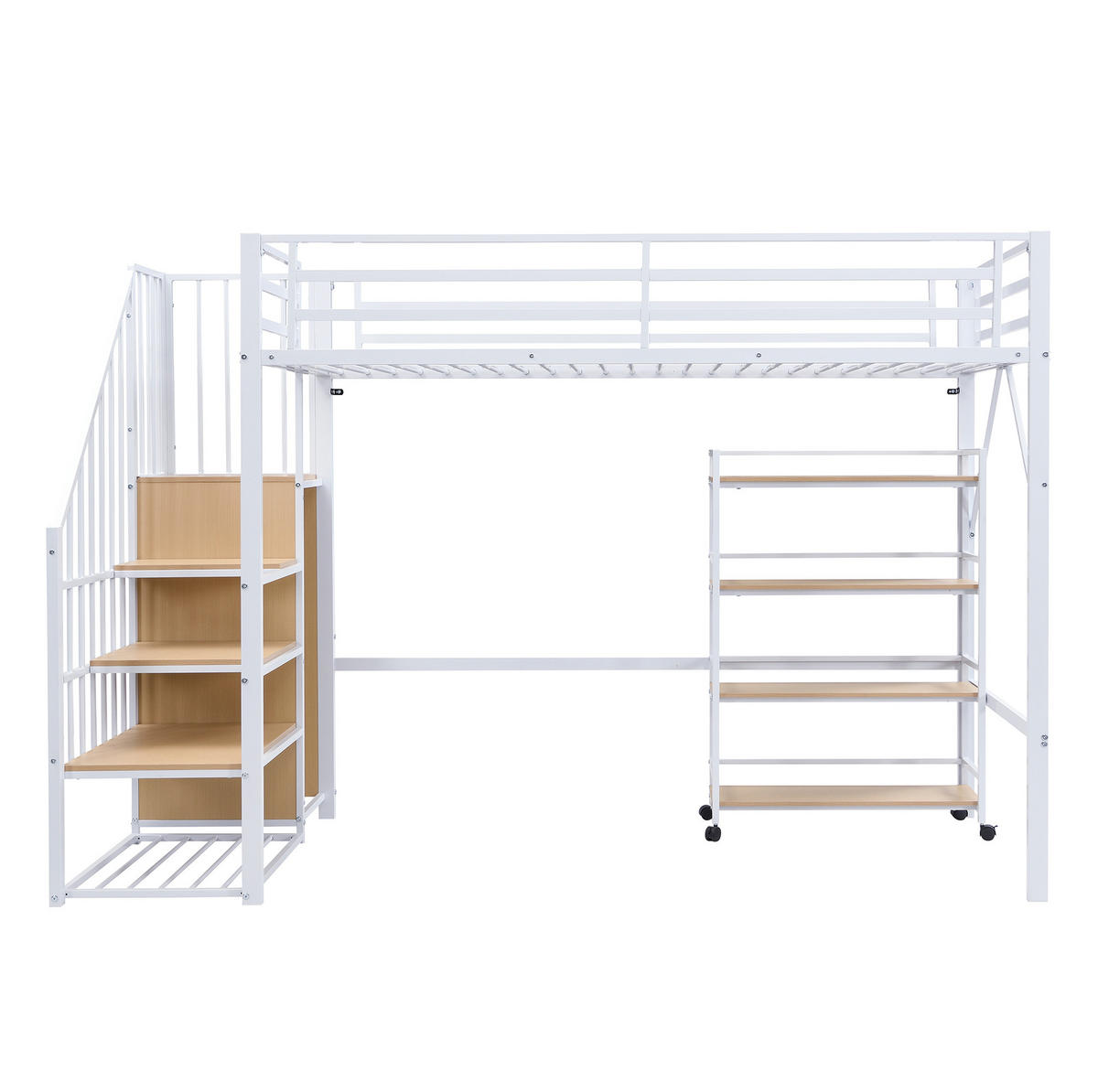 HOCHBETT 90/200 cm Weiß-Natur mit Sicherheitsgeländer und Eckleiterschrank aus Eisen und MDF - Weiß, Metall (90/200cm) - OKWISH
