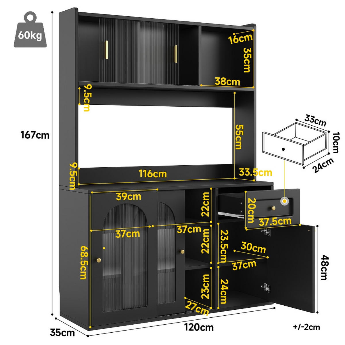 KÜCHENSCHRANK , Buffetschrank mit LED Beleuchtung, VERSTELLBARE ABLAGEN, MDF, Schwarz, für Esszimmer, 120/167/35 cm - Schwarz, Kunststoff (35/167/120cm) - Rolipo