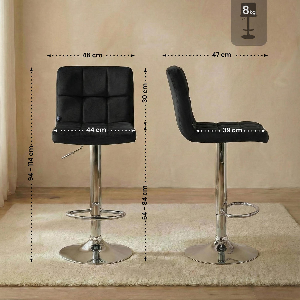 BARHOCKER Samt Schwarz - Chromfarben/Schwarz, Textil/Metall (46/94/47cm) - CLP