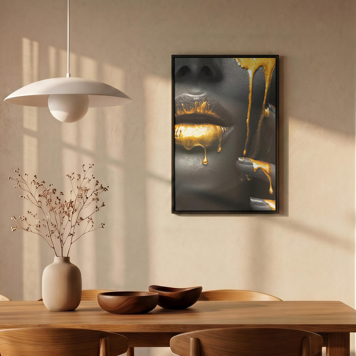 LEINWAND Bilder mit Rahmen - Frau - Schwarz - Gold - Gesicht - Lippen - 40x60 - Goldfarben, Textil (40/60cm) - MuchoWow