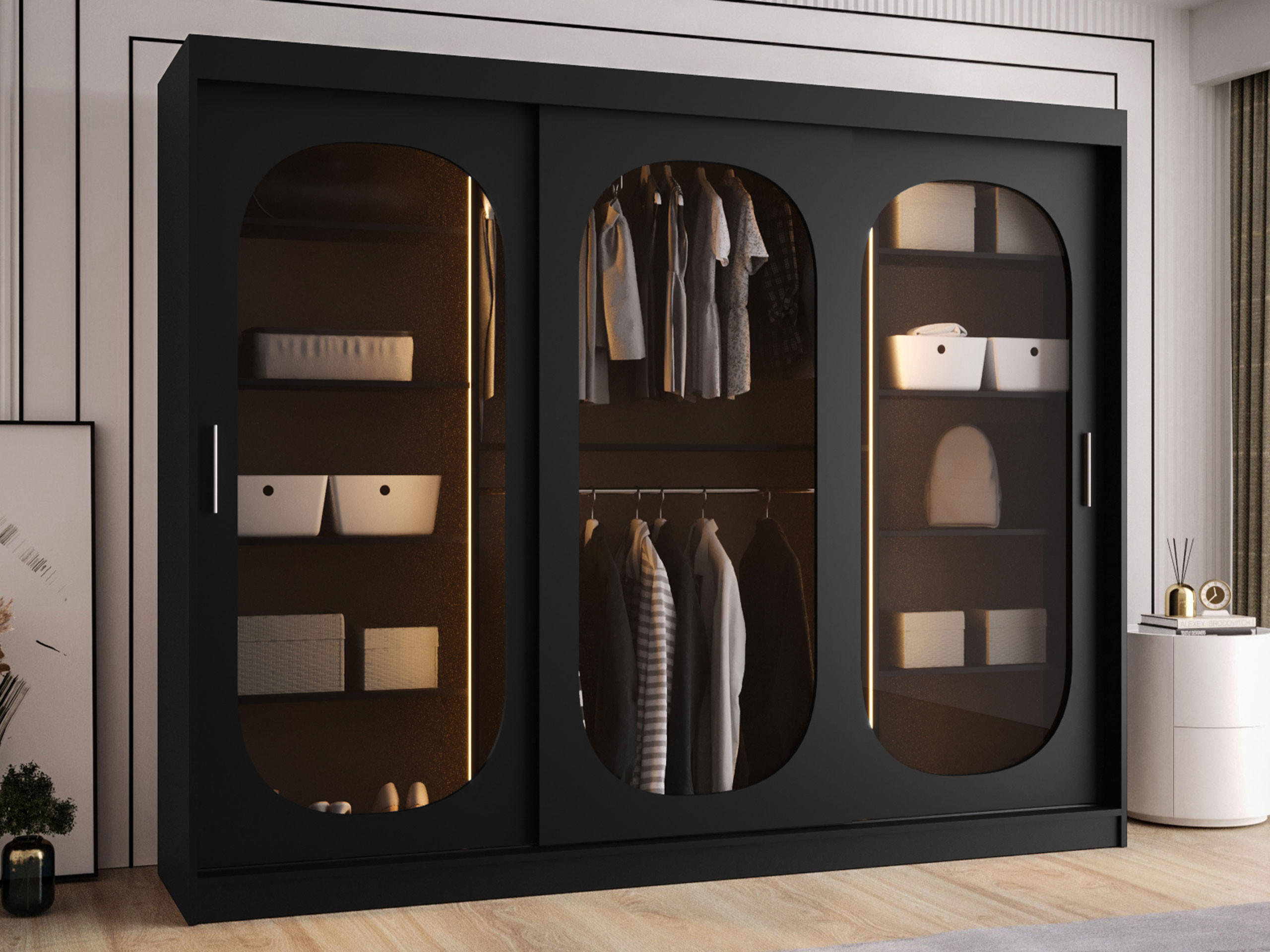 SCHWEBETÜRENSCHRANK Bahrajn 250 mit Schubladen und LED - Silberfarben/Schwarz, Holzwerkstoff/Kunststoff (250/200/62cm) - MIRJAN24
