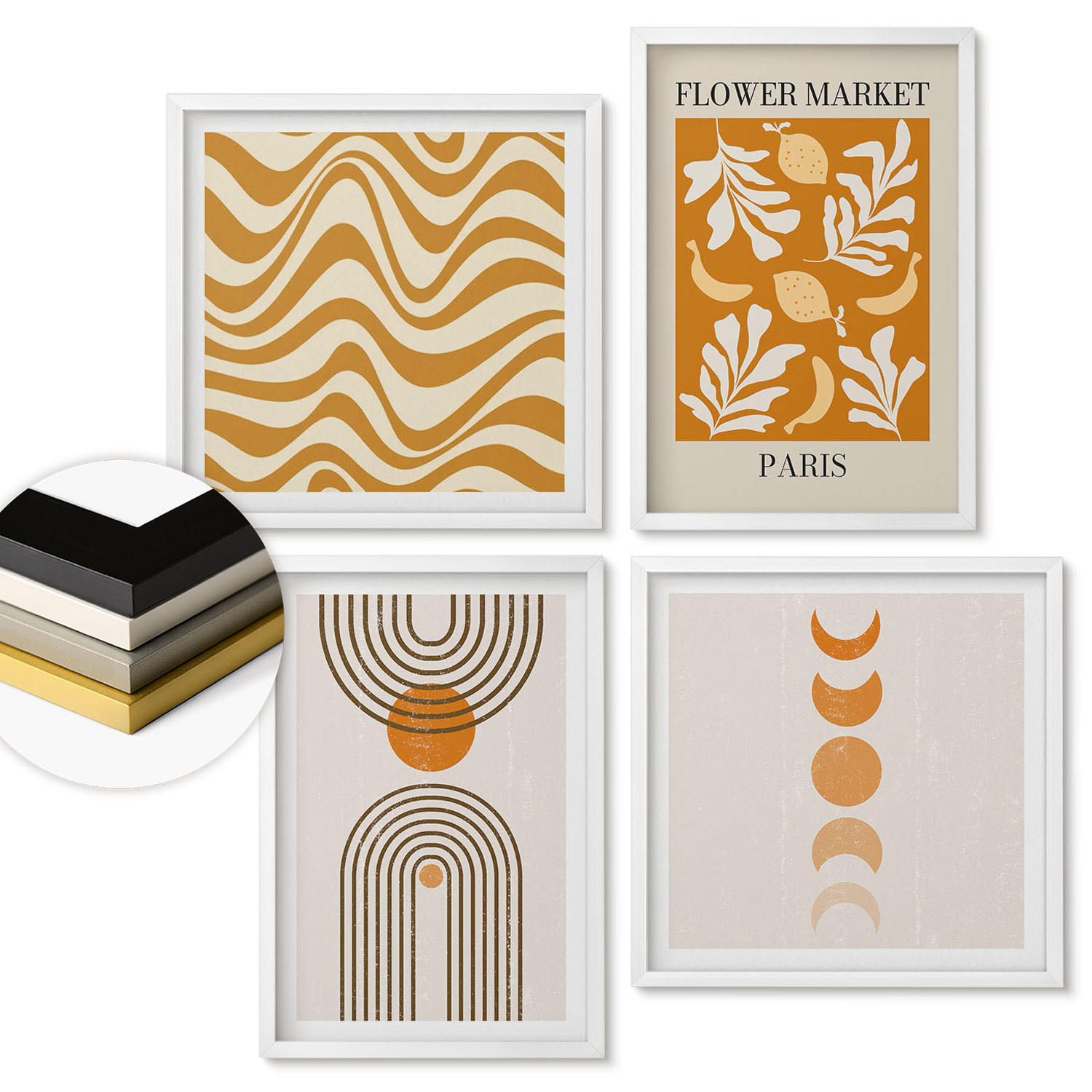 WANDBILDER 4er-Set - 50x50 cm & 40x60 cm Weißer Rahmen - Geometrische Pflanzenmuster - Weiß, Kunststoff (50/50cm) - ArtPrintCave