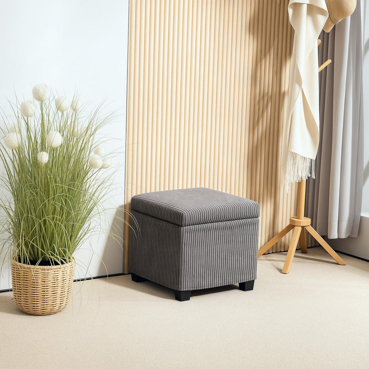 POUF DE-16411 mit Stauraum und Rippenvelours Grau - Grau, Textil (40/40/40cm) - ComfortXL