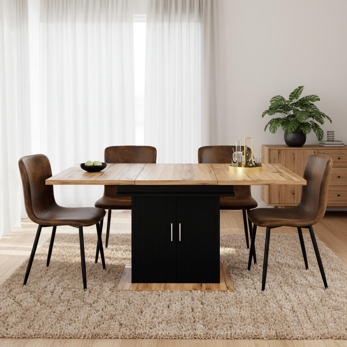 TISCHGRUPPE 5-teilig Ausziehtisch mit Stauraum & Lamellen-Optik & 4 Stühle Vintage-Braun - Schwarz/Eiche San Remo, Holzwerkstoff/Textil (140/76/70cm) - Urban Meuble