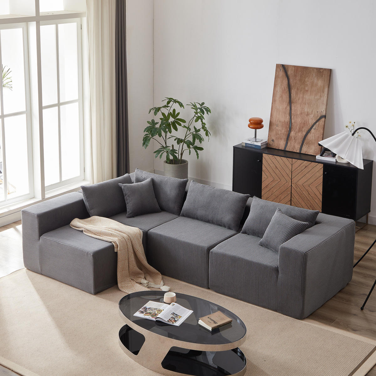 SOFA L-Form modular Cord Grey - Grau, Kunststoff (167/264cm) - Meubliv