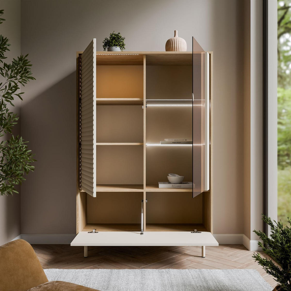 VITRINE FLORENCE 2D1W mit LED-Beleuchtung - Kaschmir, Holzwerkstoff (100/152/40cm) - Lookway