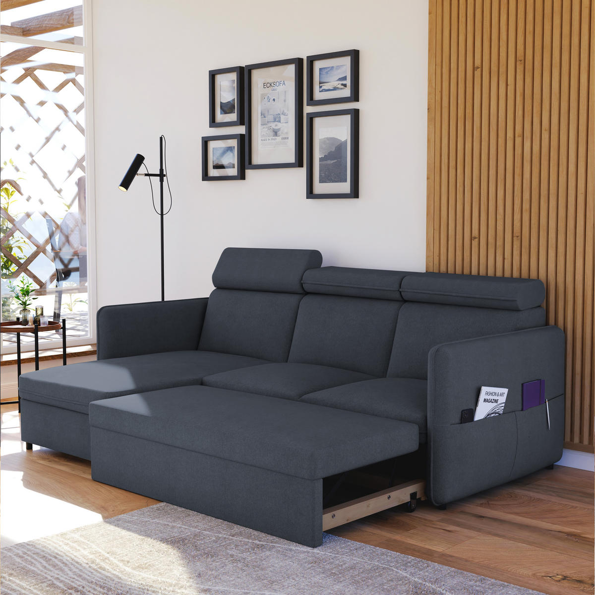 ECKSOFA mit Schlaffunktion und Bettkasten, Grau - Grau, Holzwerkstoff/Textil (220/140cm) - Idohome