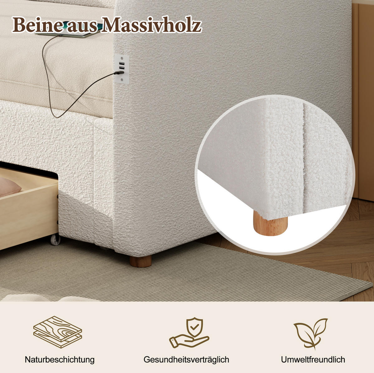 ČALÚNENÁ posteľ z bouclé 90x200 cm béžová, výsuvná na 180x200 cm, s USB a úložným priestorom - béžová, textil (90/200cm) - Modfu