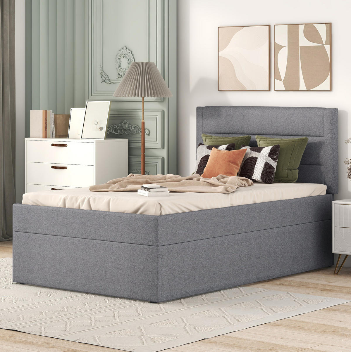 POLSTERBETT 90/200 cm Grau aus Leinen und MDF mit Stauraum - Grau, Holzwerkstoff (90/200cm) - OKMYHOME