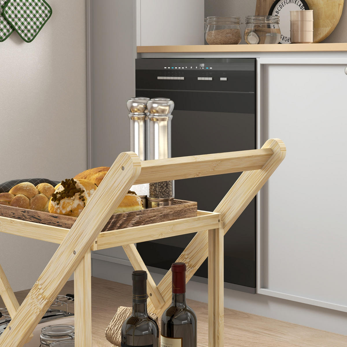 KÜCHENWAGEN Mit Integriertem Weinregal, KLAPPBARER KÜCHENWAGEN, Für Küche Und Esszimmer - Naturfarben, Holzwerkstoff (40/70/66cm) - Rolipo