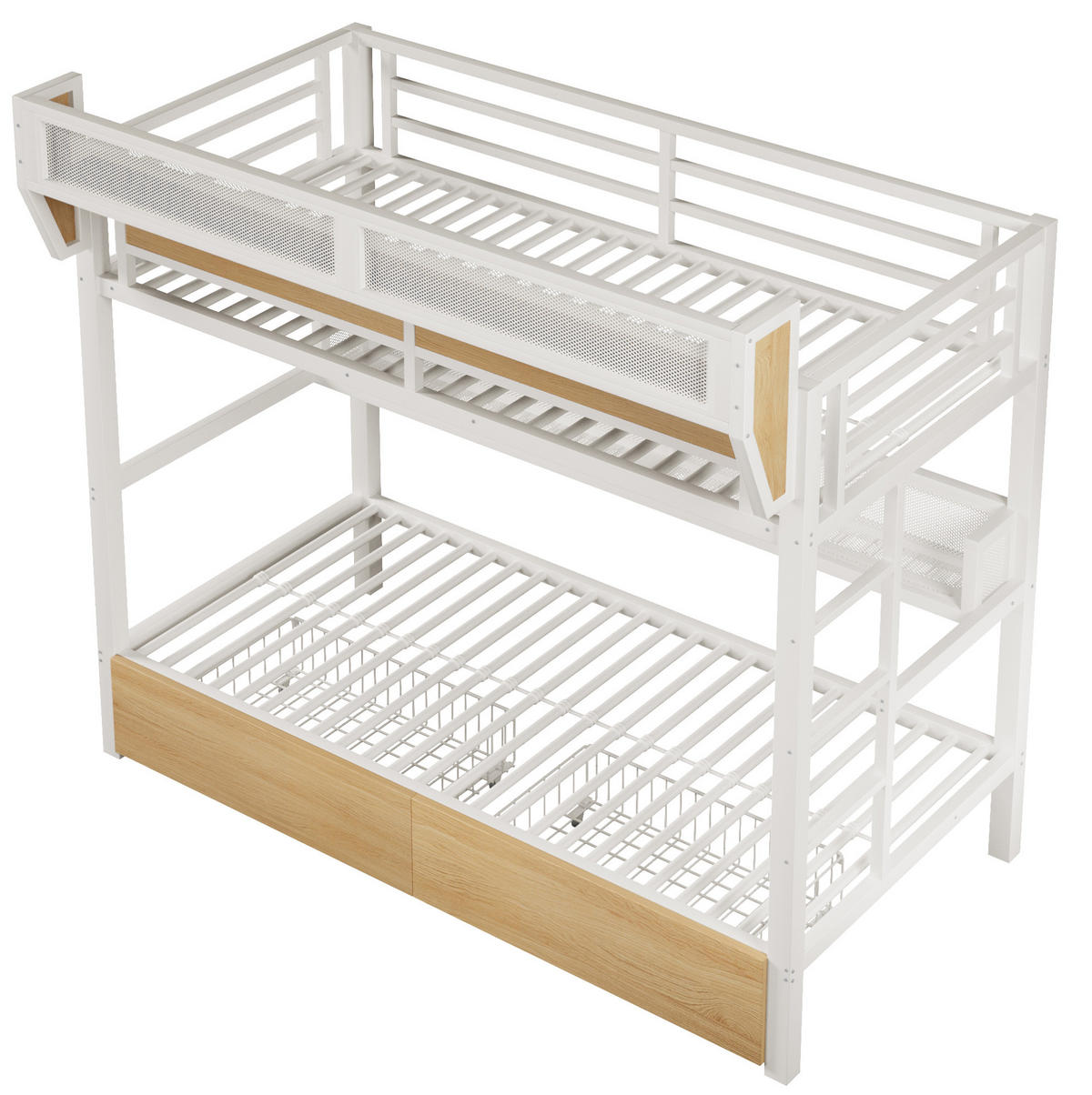 HOCHBETT aus Metall und MDF 90x200 cm Weiß mit 2 Schubladen, Regal, Aufbewahrungskorb und LED-Licht - Weiß, Holzwerkstoff (90/200cm) - Modfu