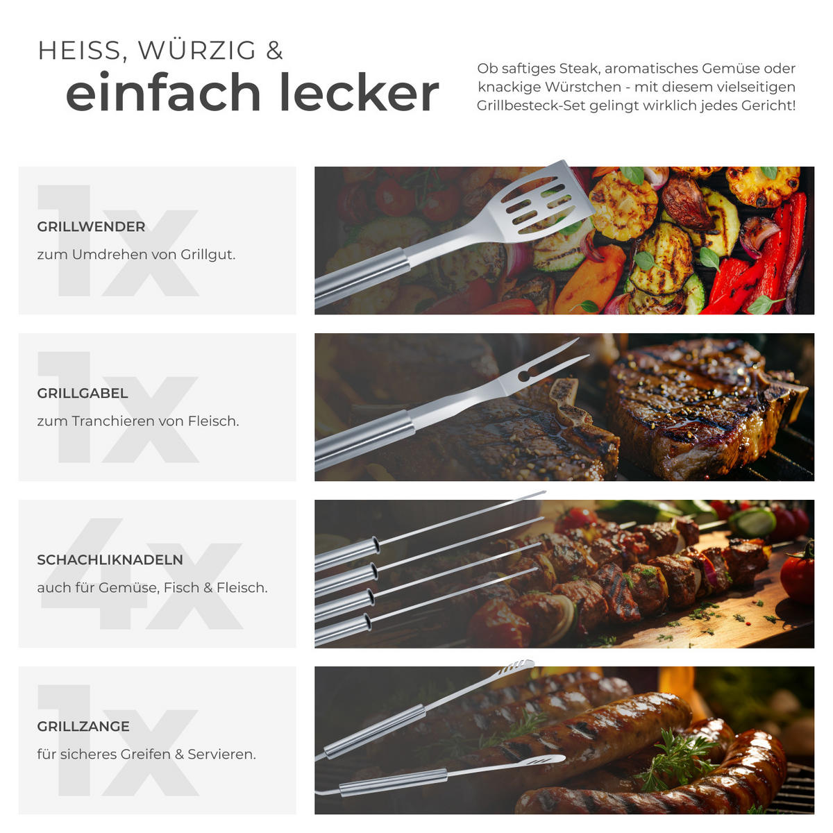 GRILLBESTECK ,inklusive Aluminiumkoffer,grau - Grau, Metall (47cm) - tectake
