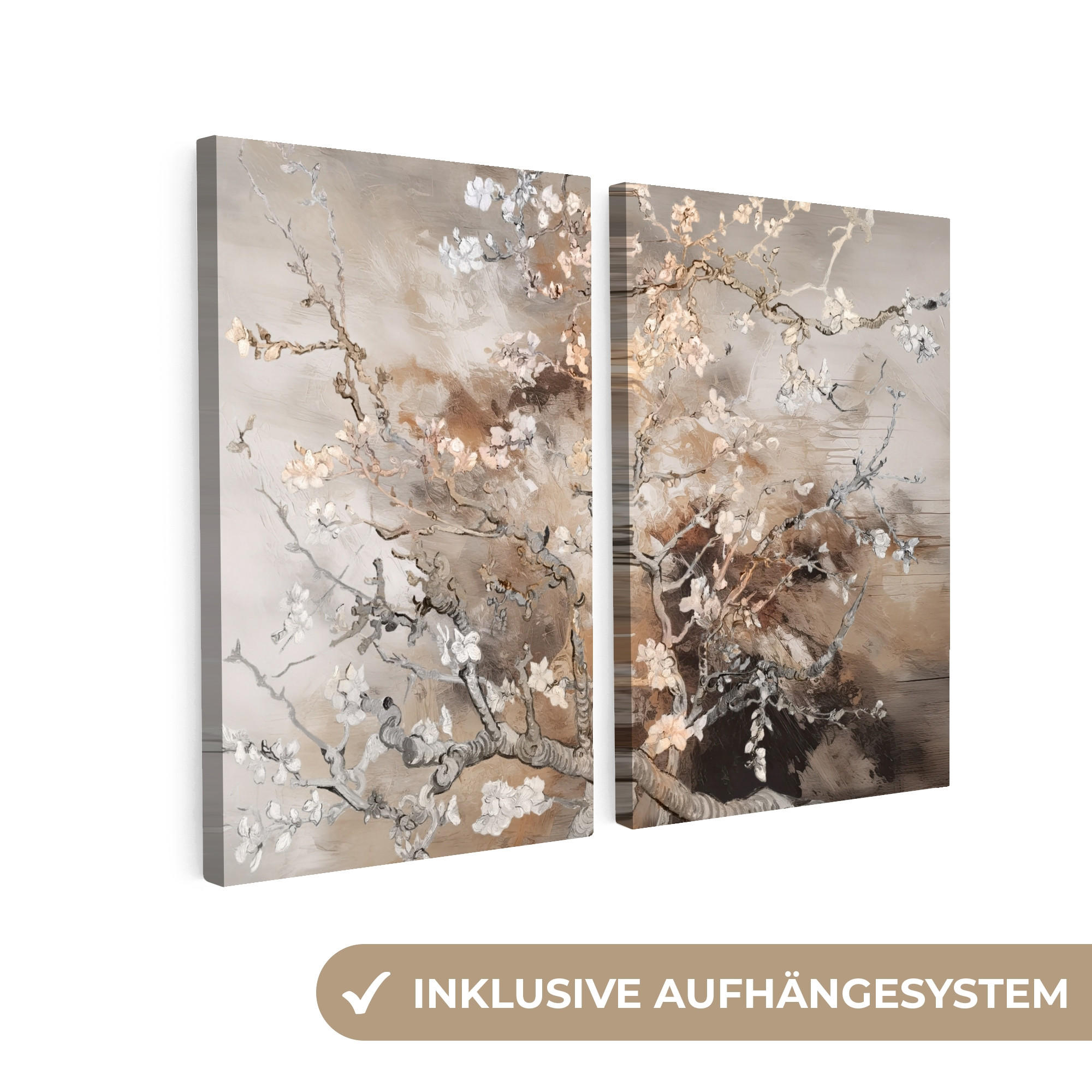 LEINWANDBILD 2er Set Mandelblüte - Abstrakt - Beige 160x120 cm - Beige, Textil (160/120cm) - MuchoWow