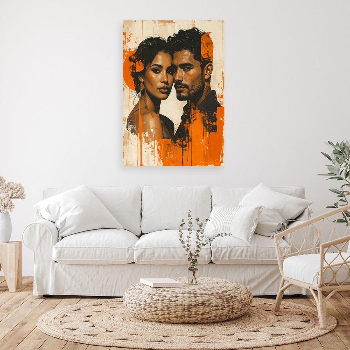 BILD auf Leinwand, Künstlerisches Porträt eines Mannes und einer Frau mit orangefarbenem Hintergrund - Orange, Textil (60/90cm) - Feeby