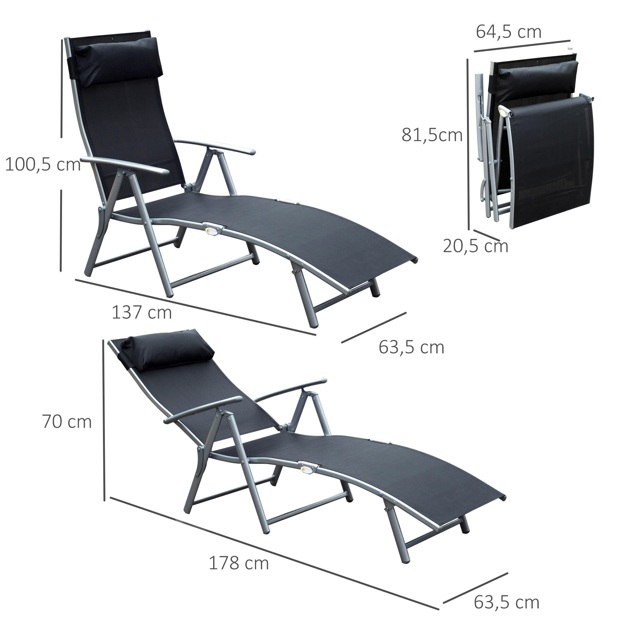 SONNENLIEGE, klappbar mit Kissen, Metall+Stoff, Schwarz, 137 x 63,5 x 100,5 cm - Schwarz, Metall (63.5/100.5/137cm) - Outsunny