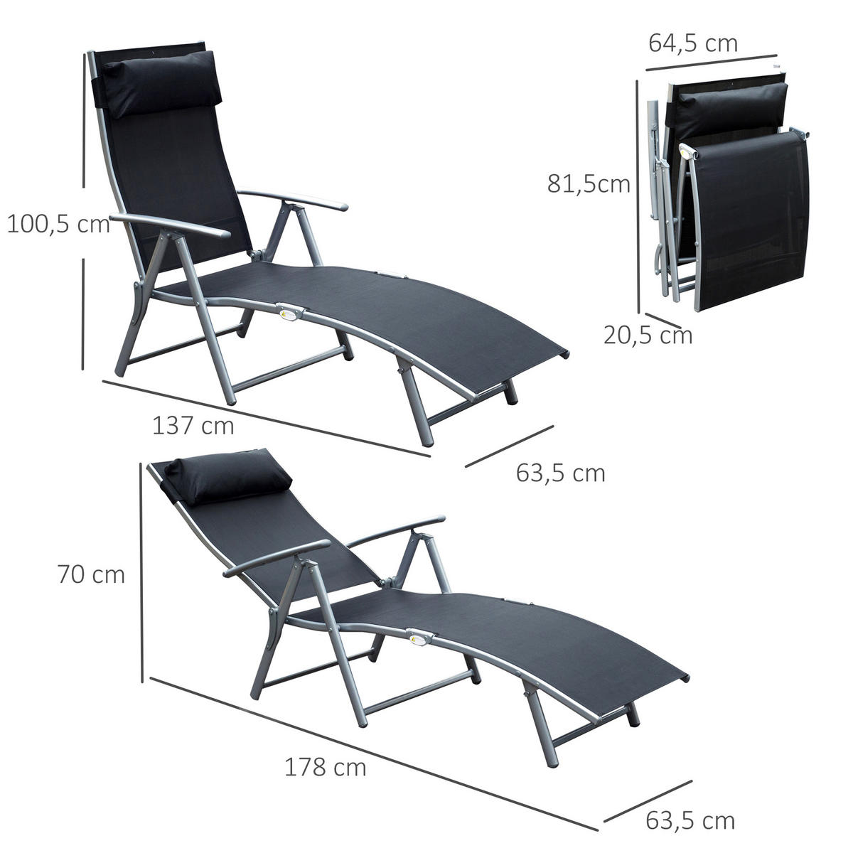 SONNENLIEGE, klappbar mit Kissen, Metall+Stoff, Schwarz, 137 x 63,5 x 100,5 cm - Schwarz, Metall (63.5/100.5/137cm) - Outsunny