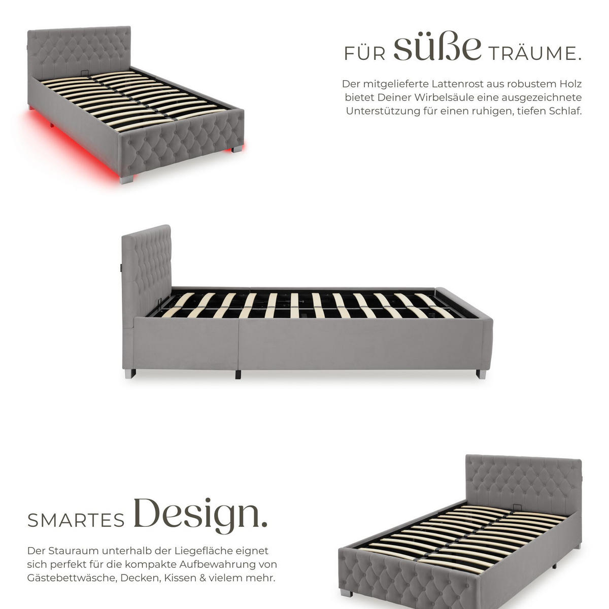 POLSTERBETT Sedona, großer Stauraum, dunkelgrau - Dunkelgrau, Holz (120/200cm) - tectake