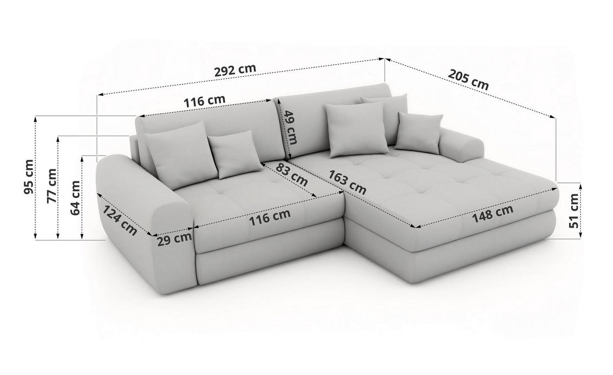 ROHOVÁ SEDAČKA ARELIA L - Krémová Hrubě tkaná žinylka - Pravá - černá/krémová, textil/plast (205/292cm) - MKS