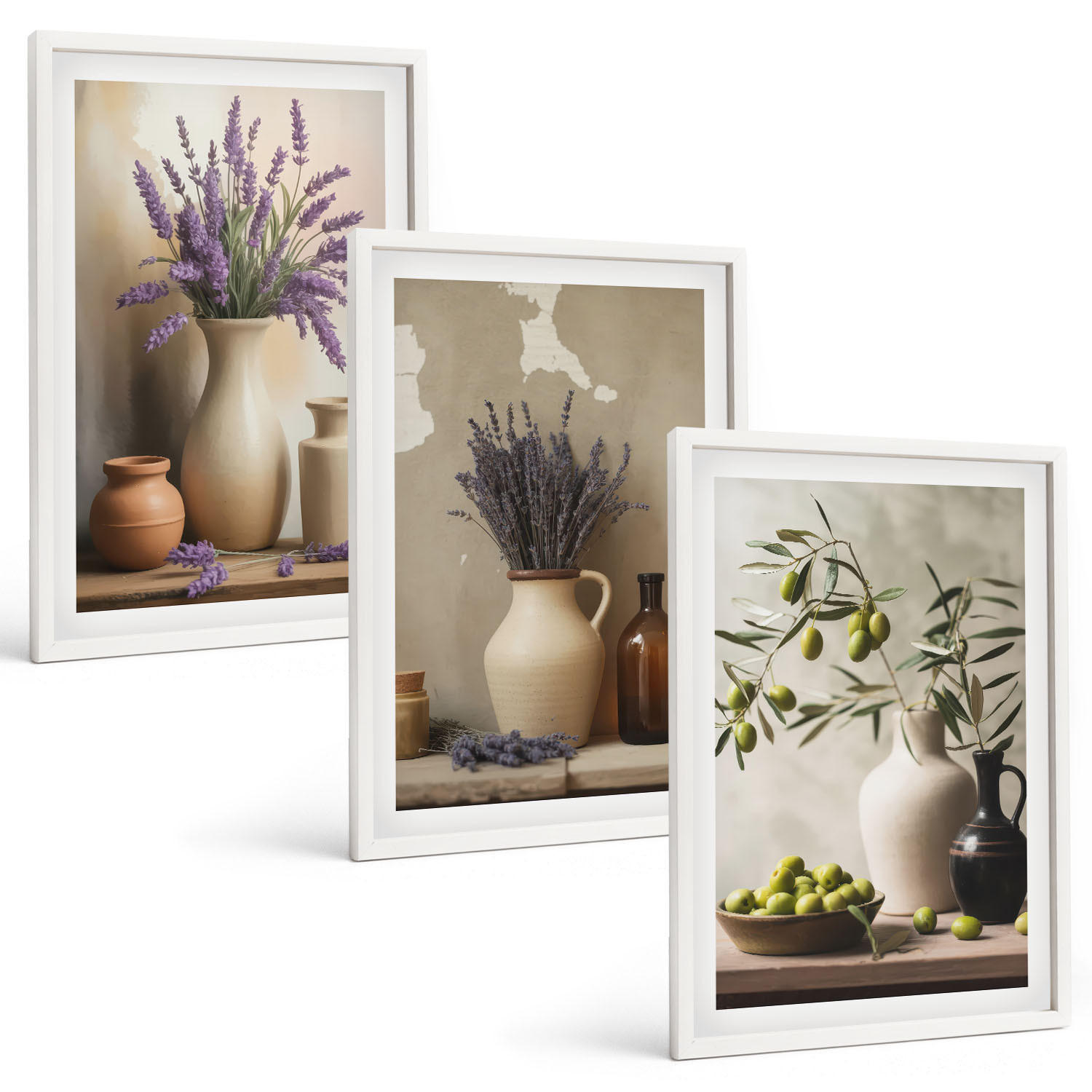 BILDER SET 3er Set - 40x60 cm Weißer Rahmen - Blumen in Vasen, Oliven, Dekorationen - Weiß, Kunststoff (40/60cm) - TULUP