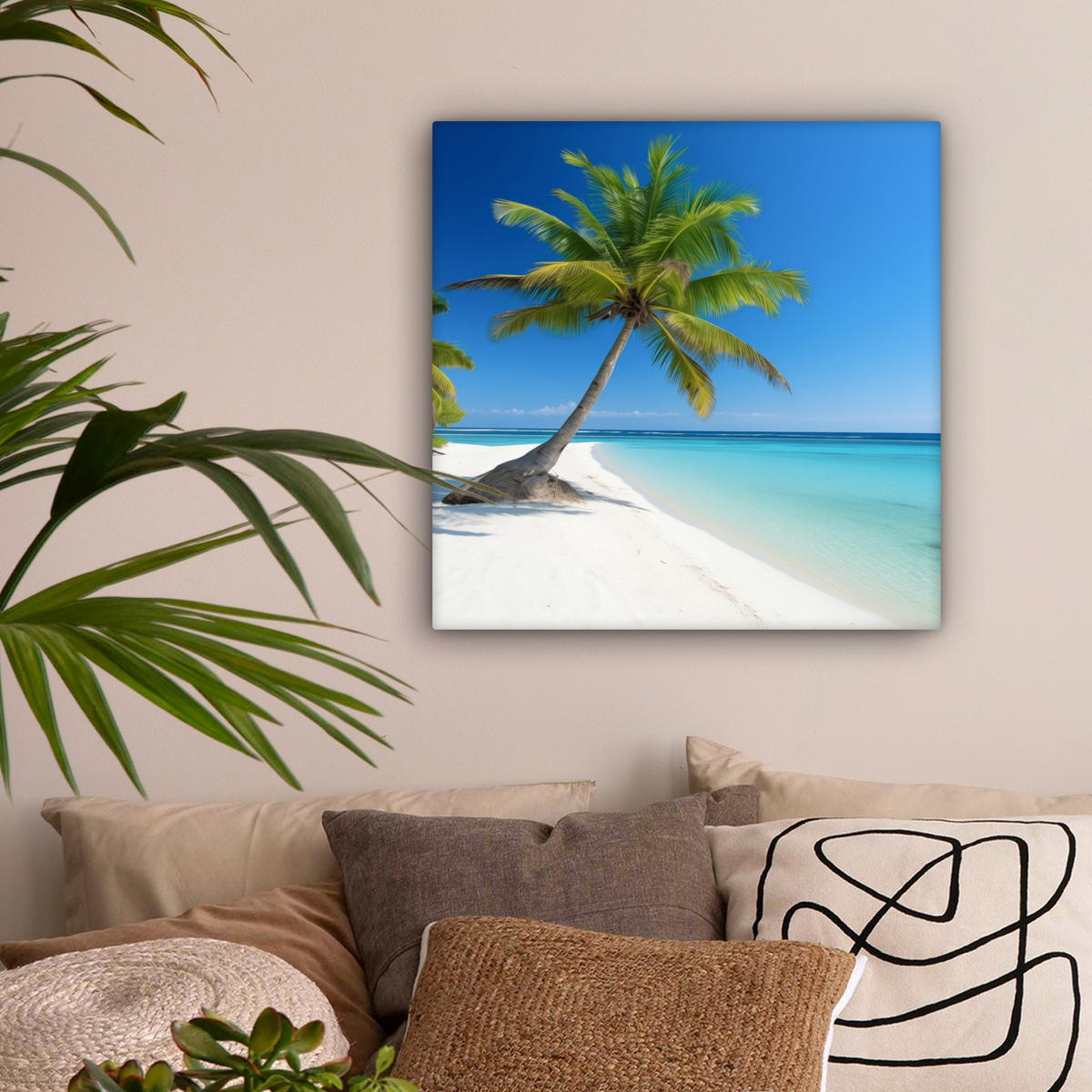 LEINWANDBILD Strand - Palme - Tropisch - Meer Wandbild Wohnzimmer 50x50 cm - Grün, Textil (50/50cm) - MuchoWow