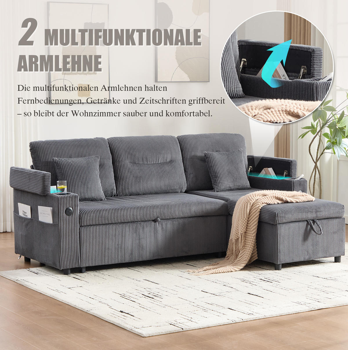 ECKSCHLAFSOFA 3-Sitzer Cord mit Stauraum Schubladenbett und USB-Anschluss Kohlegrau 212,5/136/86 cm - Grau, Textil (136/212.5cm) - Redom