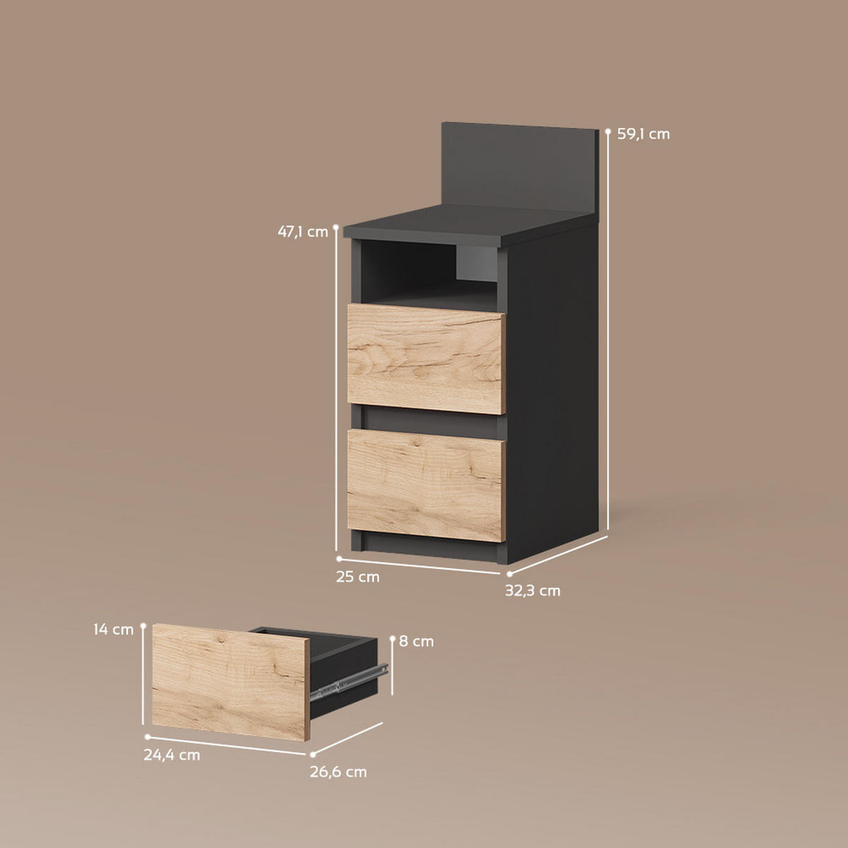 NACHTTISCH Roya, Anthrazit/Goldkraft Eiche, 25 x 59.1 cm mit 2 Schubladen - Honigeiche/Anthrazit, Holzwerkstoff (25/59.1/32.3cm) - Livinity®
