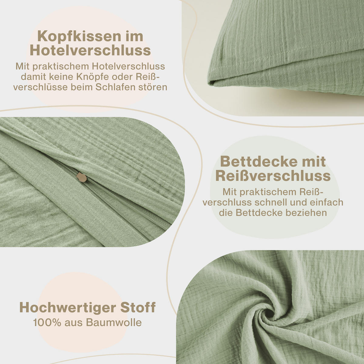 BETTWÄSCHE Musselin, 100% Baumwolle, 155/220 cm & 80/80 cm - Grün, Textil (155/220cm) - Blumtal