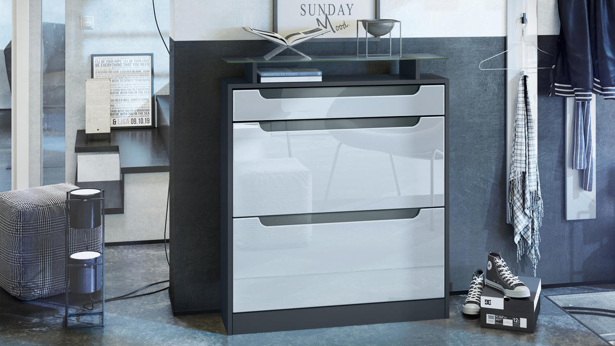 SCHUHSCHRANK Fiesta Fronten in Weiß Hochglanz, Griffmulden in Grau Hochglanz - Weiß Hochglanz, Holzwerkstoff (89/104/23cm) - Vladon