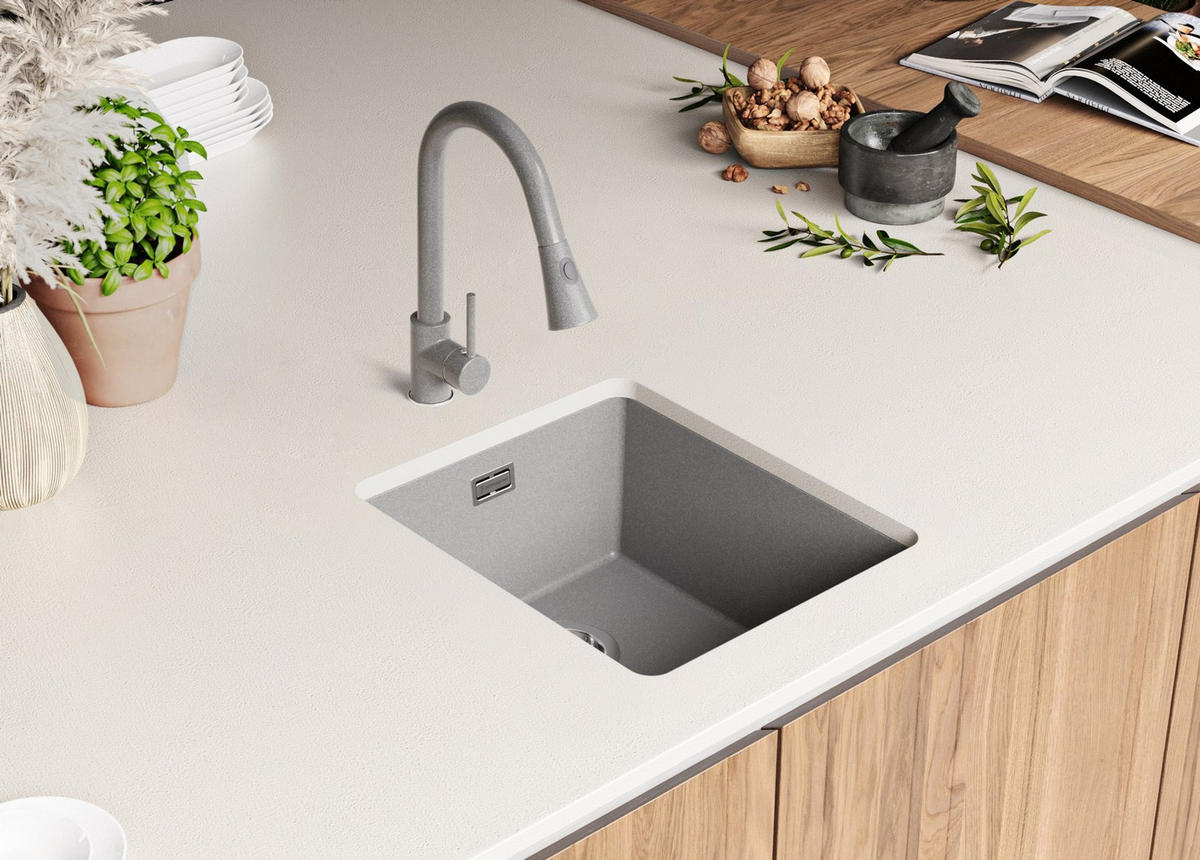 UNTERBAUSPÜLE GRANIT London, 2-er set Grau 41/47 cm 1 Becken + Küchenarmatur 32/20 cm + Ablauf-Set ab 45er Unterschrank - Grau, Kunststoff (41/20/47cm) - Primagran