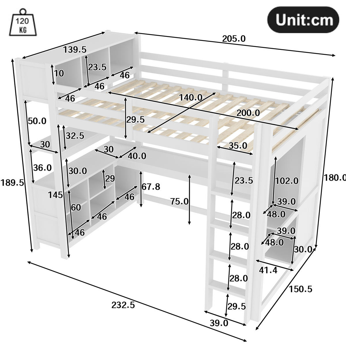 HOCHBETT 140/200 cm, Weiß mit Schreibtisch, Regalen und Kleiderschrank - Weiß, Holz (140/200cm) - MIVRAY