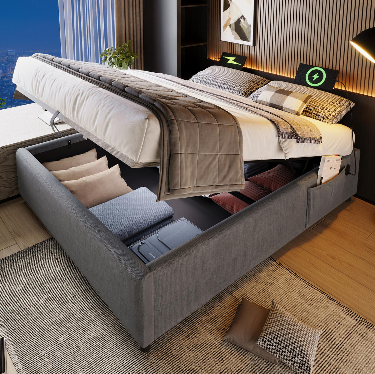 POLSTERBETT mit Bettkasten 140/200 cm ohne Kopfteil mit USB-C in Grau - Grau, Textil (140/200cm) - BEAOK