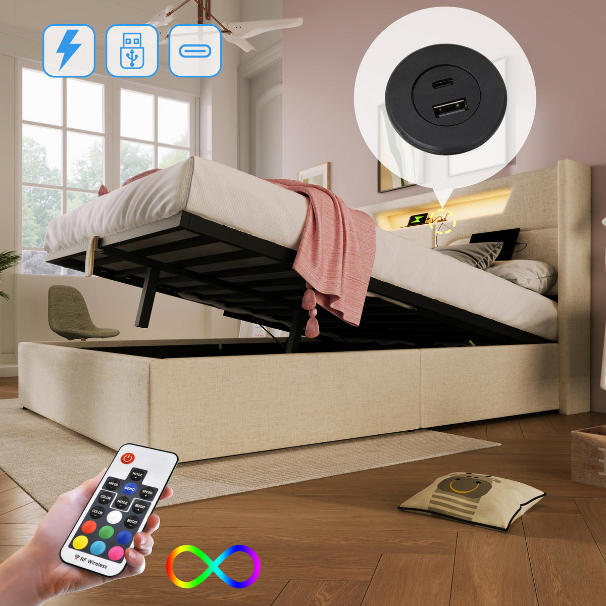 STAURAUMBETT 140/200 cm DE-00995, in Beige, LED und Matratze - Beige, Metall (140/200cm) - ComfortXL