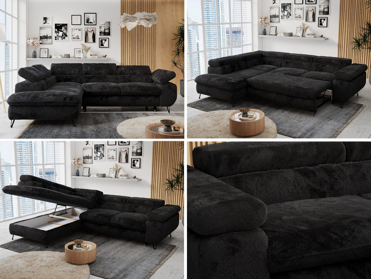ECKSOFA PETER L Schwarz Plüsch - Links Seite - Schwarz, Textil/Metall (208/273cm) - MKS