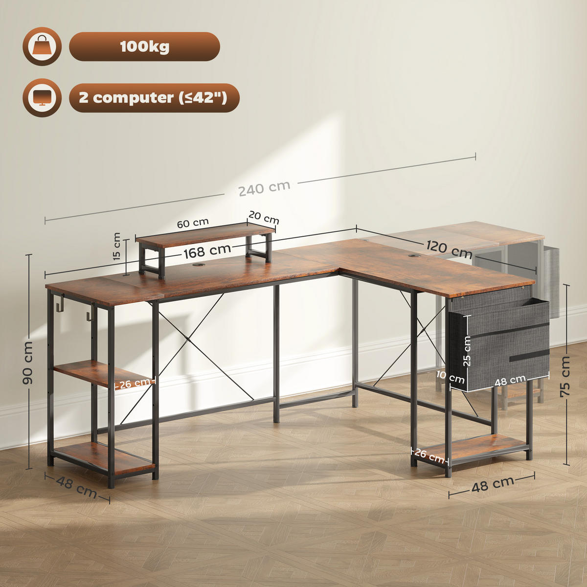 SCHREIBTISCH Rostfarben 120.0/168.0/90.0 cm - Rostfarben, Holzwerkstoff (120/168/90cm)