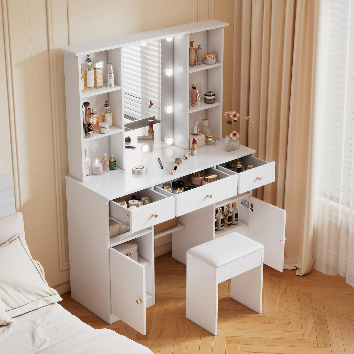 SCHMINKTISCH 110/40/151 cm mit LED-Beleuchtung, Spiegel, 3 Schubladen und 2 Türen, Weiß - Weiß, Holzwerkstoff (110/151/40cm) - Redom