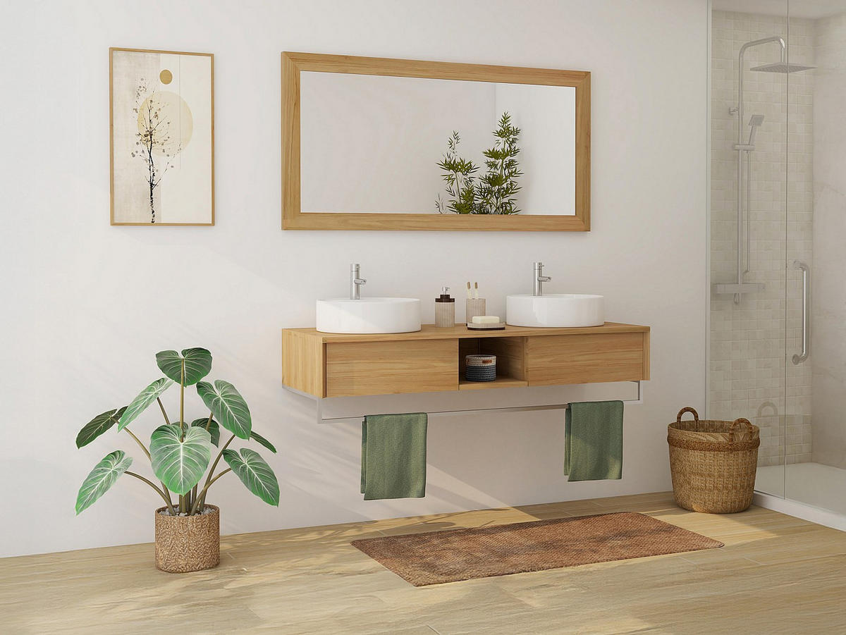 DOPPELWASCHTISCH - 140 cmcm x 50 cmcm - Holz, Platte - Naturfarben Hell - KUPANG - Naturfarben, Holz (140/32/50cm) - Vente-Unique
