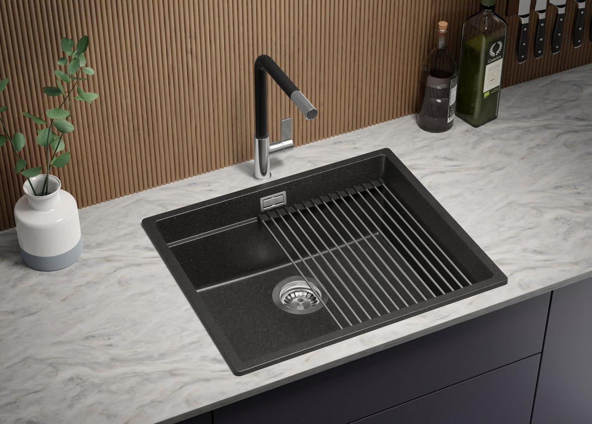 SPÜLBECKEN Praga Slim, 2-er set Anthrazit 56/47 cm 1 Becken + Ablauf-Set + Aufrollbare Abtropffläche ab 60er Unterschrank - Chromfarben/Anthrazit, Kunststoff (56/20/47cm) - Primagran