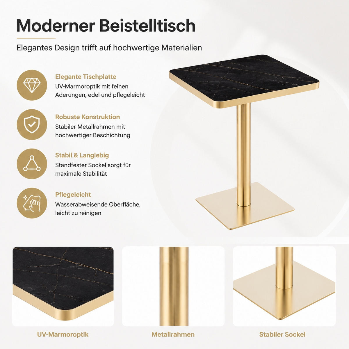 ESSTISCH Quadratisch Marmor-Optik Schwarz & Gold 60x60cm Bistro-Tisch - Schwarz, Holzwerkstoff (60/60/74cm) - Urban Meuble