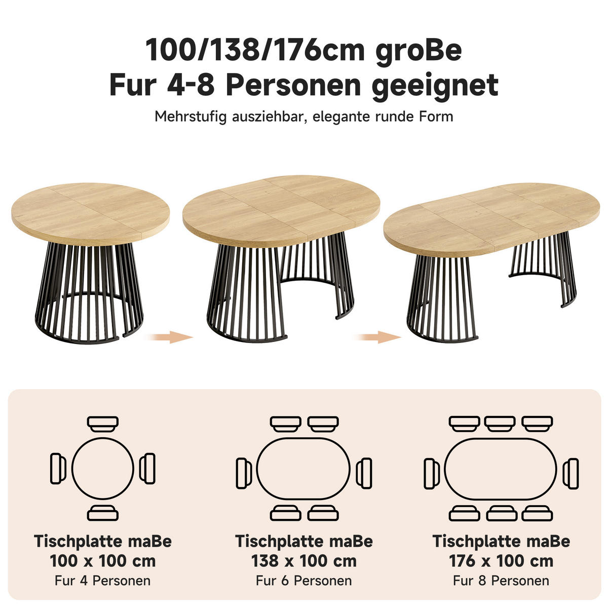 ESSTISCH Eiche Schwarz ausziehbar 100-176cm 4-8 Personen - Eichefarben, Holzwerkstoff (176/100/76cm) - FLIEKS
