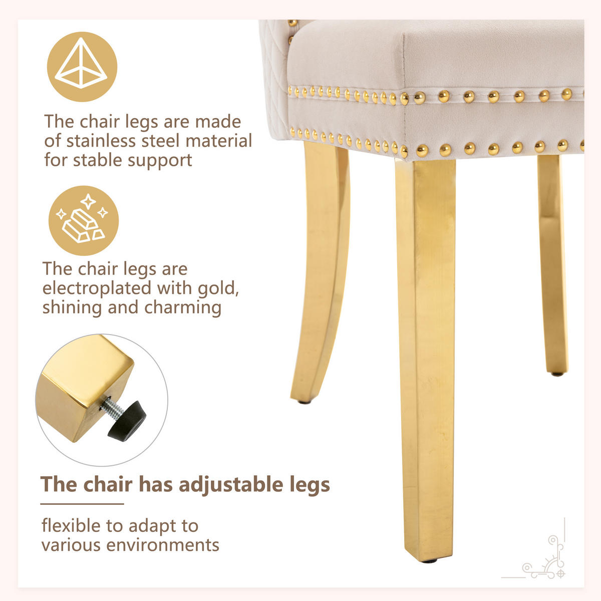 ESSZIMMERSTUHL 2-Tlg Samt Beige Gold, Nagelkopf, Gold Beine - Beige, Textil (50.5/95/45cm) - FLIEKS