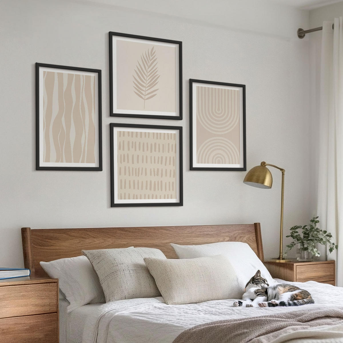 WANDBILDER 4er-Set - 50x50 cm & 40x60 cm Schwarzer Rahmen - Beige Pflanzenmuster - Schwarz, Kunststoff (50/50cm) - ArtPrintCave