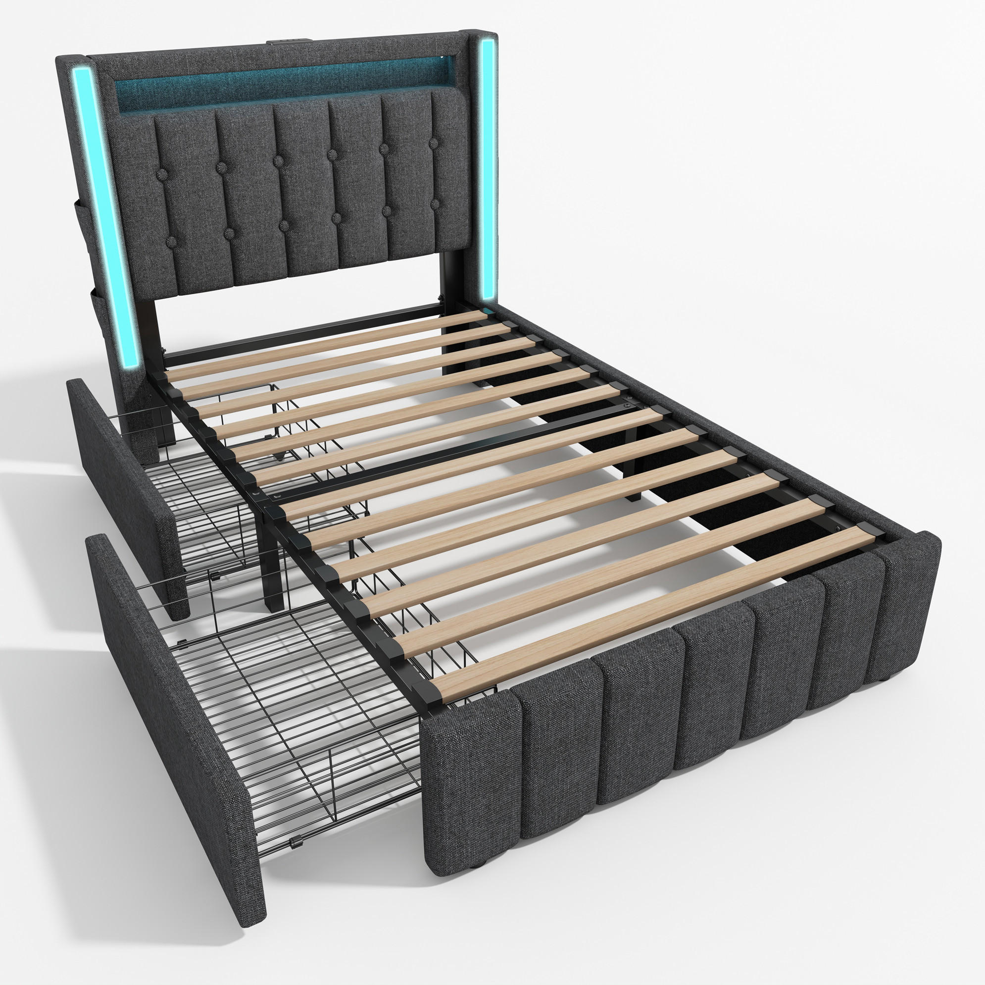 POLSTERBETT 90/200 cm mit LED-Beleuchtung, USB-C und 2 Schubladen in Grau - Grau, Textil (90/200cm) - BEAOK
