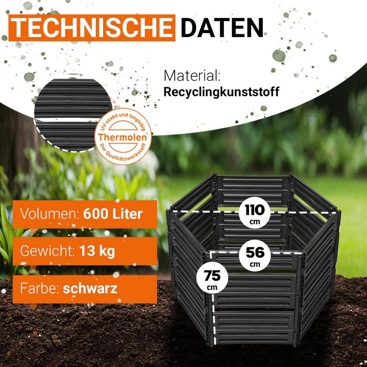 STECKKOMPOSTER 600 L, schwarz - Schwarz, Kunststoff (111/75/111cm) - GARANTIA