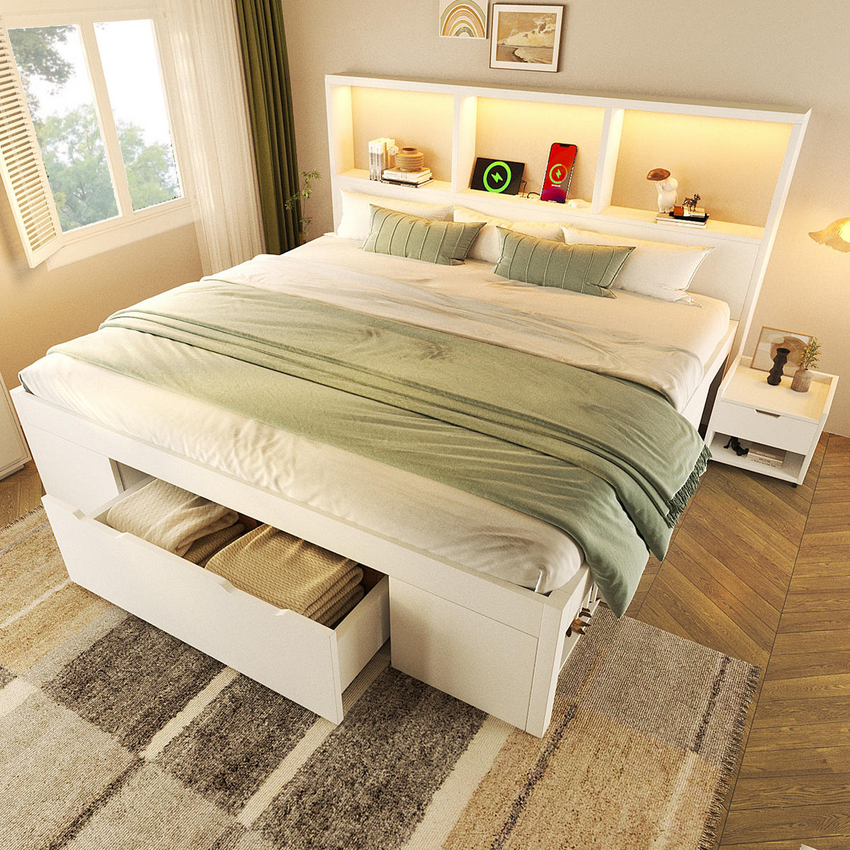 POLSTERBETT 140x190 cm in Weiß mit LED, USB-C & beweglichem Nachttisch - Weiß, Holzwerkstoff (140/190cm) - Modfu