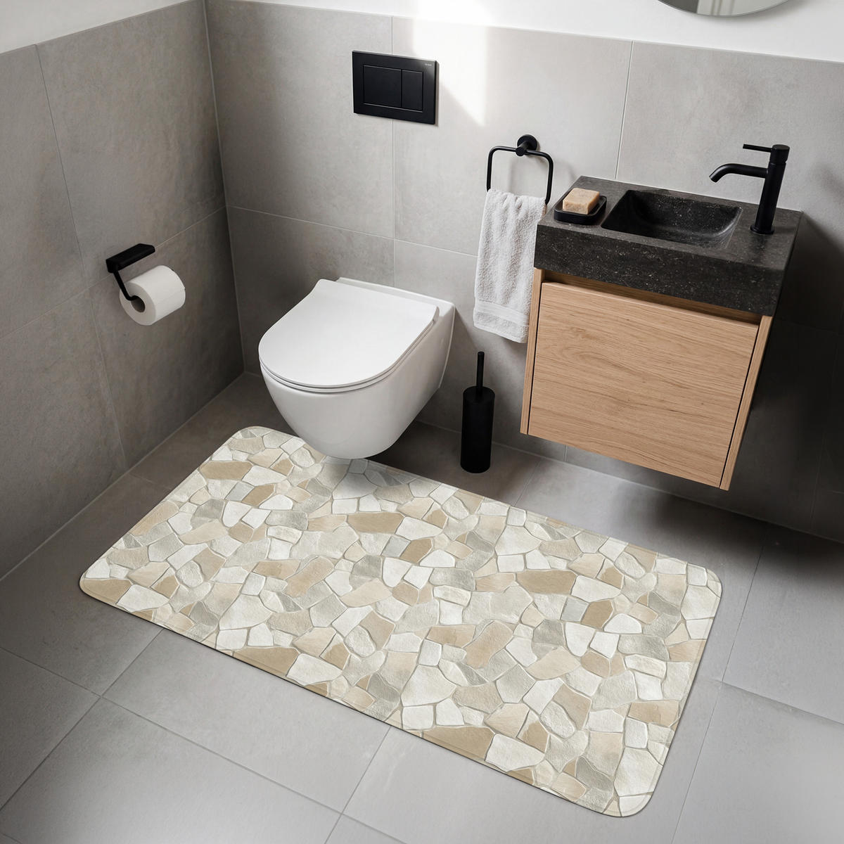 WC-VORLEGER Mosaik - Steine - Beige WC Teppich 120x60 cm - Beige, Kunststoff/Textil (120/1cm) - OnlyWow
