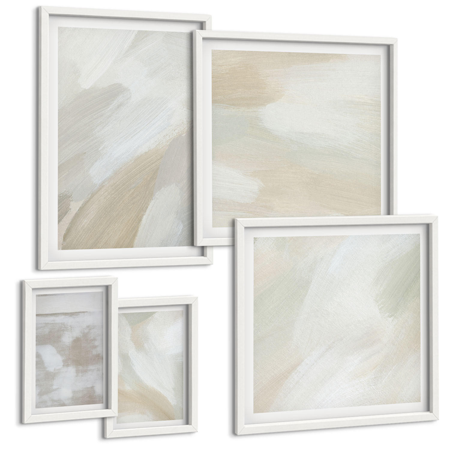BILDER SET 5er Set - 50x50 cm & 20x30 cm & 40x60 cm Weißer Rahmen - Abstrakte Pinselmalerei auf Leinwand - Weiß, Kunststoff (40/60cm) - TULUP