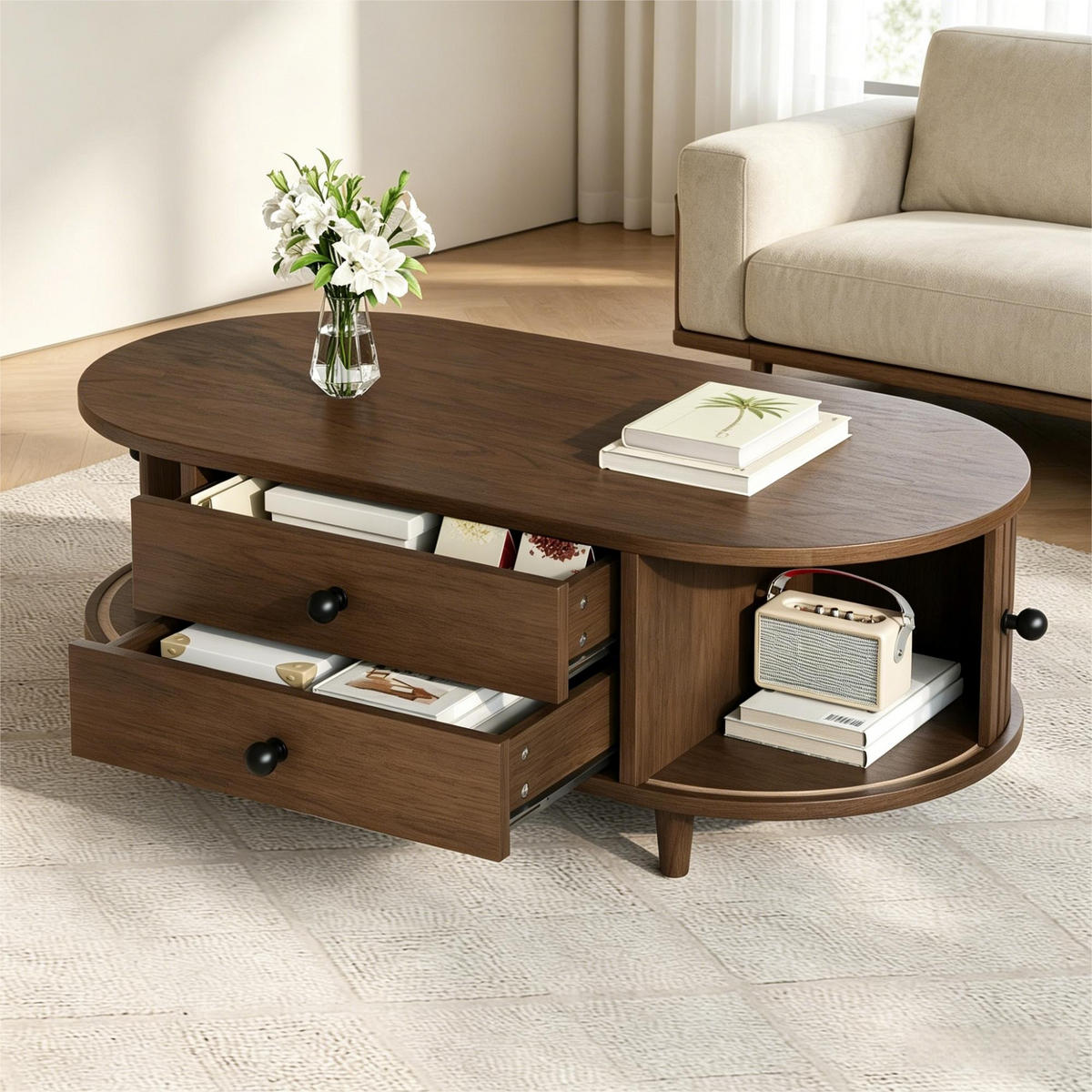 COUCHTISCH in Holzoptik Runder Kaffeetisch mit Rolltüren und Schubladen, Massivholzbeinen, 100/50/36 cm - Dunkelbraun, Holzwerkstoff (50/100/36cm) - STILVORA
