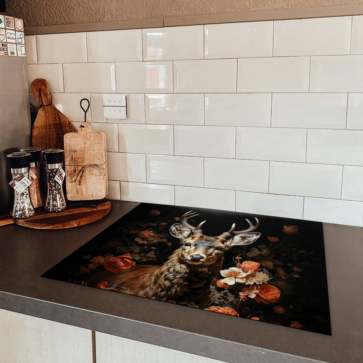 HERDABDECKPLATTE Hirsch - Tier - Blumen - Natur - Botanisch Herdabdeckung Induktionsfeld 65x52 cm - Kupferfarben, Kunststoff (65/52/0.2cm) - MuchoWow